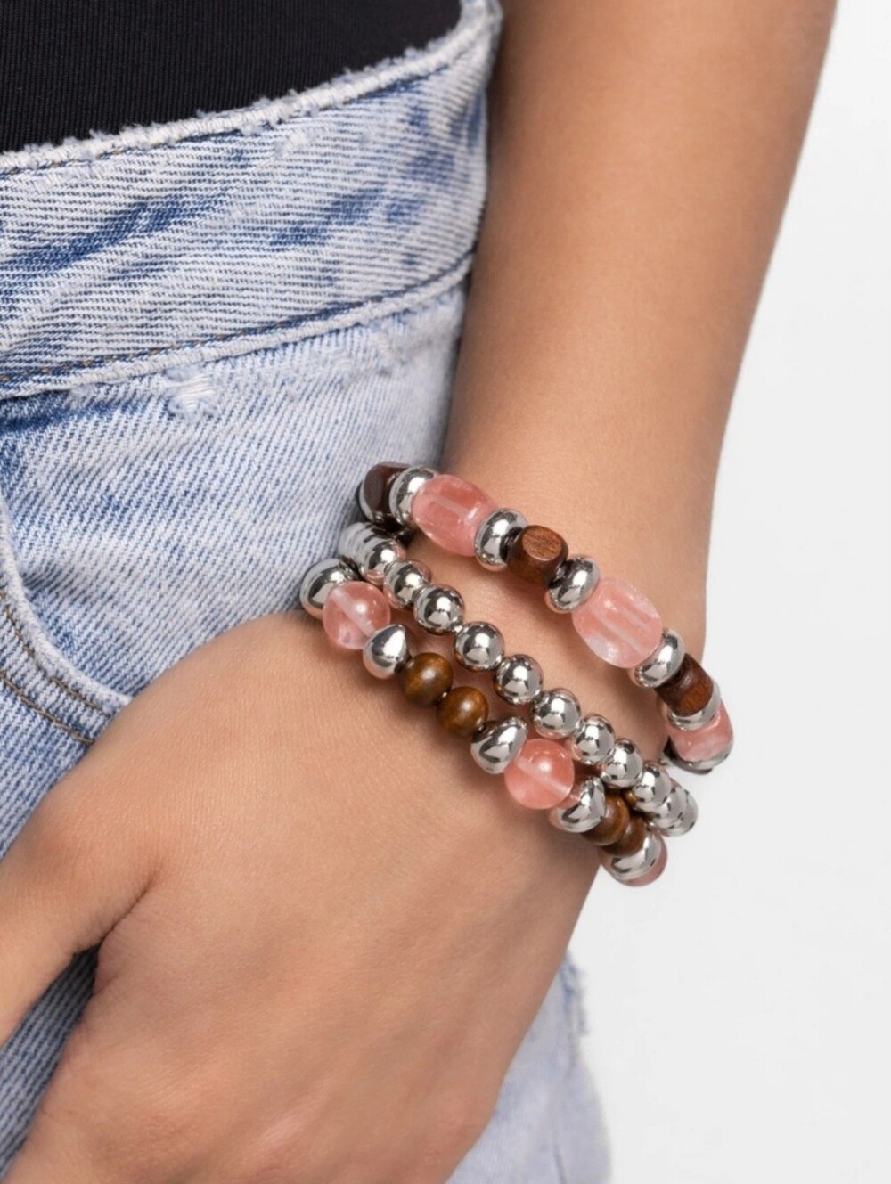 Bracelets Set Of 3 Rustic Boho Wood Pink Stone & Silver Beaded Fashion Jewelry